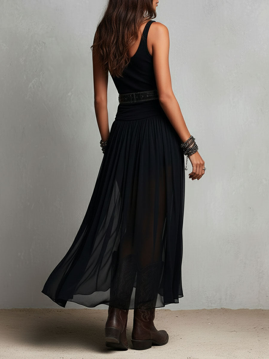 Abito Maxi Stretchy Černé Boho Western s Transparentní Sukní