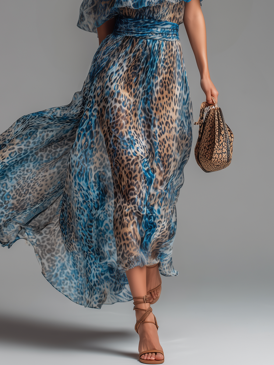 Divlje - Duga chiffon haljina s leopard uzorkom i golim ramenima