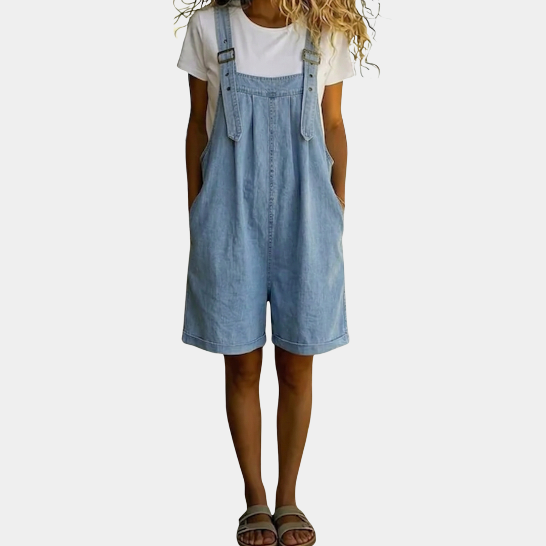 Clara | Vintage oprana mekana pamukasta denim kratka kombinezon svijetloplava