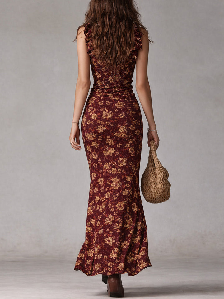 Maya™ | Boho Retro Maxi Šaty s Volánkovými Rukávy a Vysokým Rozparkem