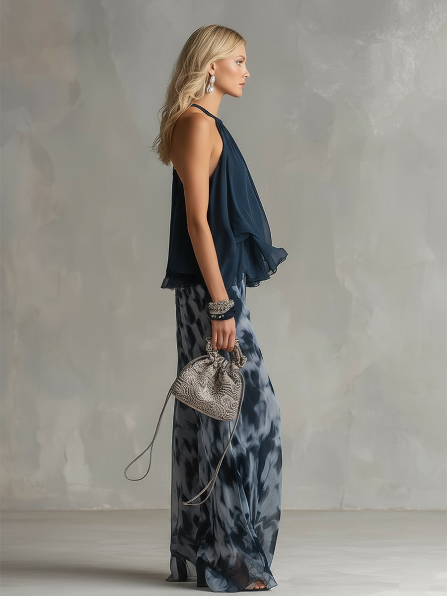 Ludovica | Elegantní v chiffon s topem s vysokým límcem a širokými tištěnými kalhotami
