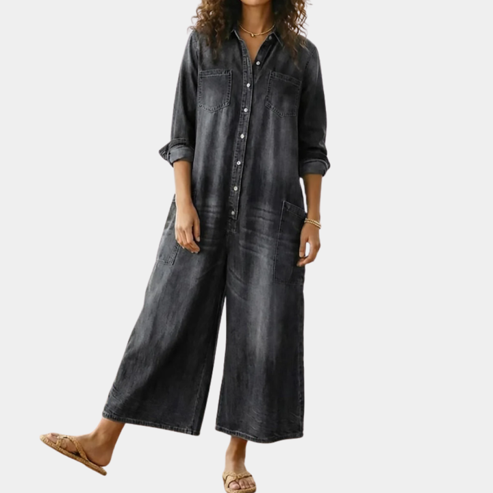 Diana™ | Vintage praný měkký bavlněný denim overal s knoflíkovým zapínáním