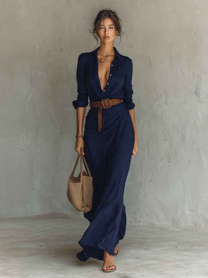 Clara™ | Elegantní maxi šaty s klopovým límcem a páskem