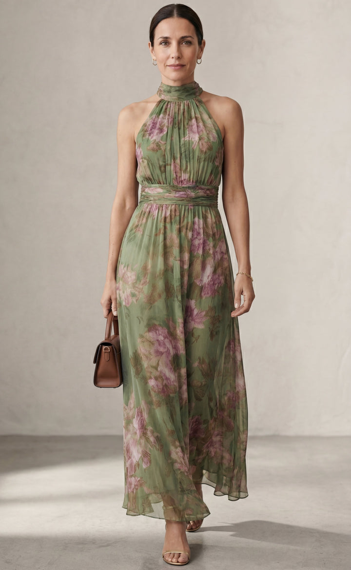 Livia™| Elegantní květinové maxi šaty s halter výstřihem