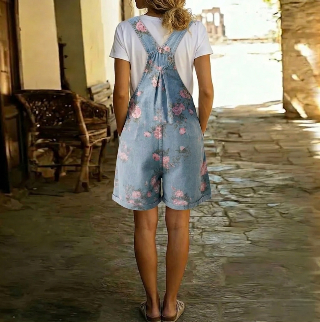 Judy™ | Vintage Washed Soft Cotton Feel Denim Květinový Overal