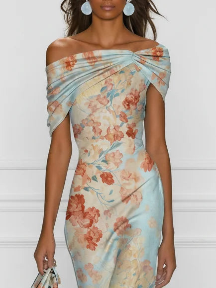 Vittoria - Midi Mermaid Haljina Bez Rukava s Off-Shoulder i Plavim Cvećem