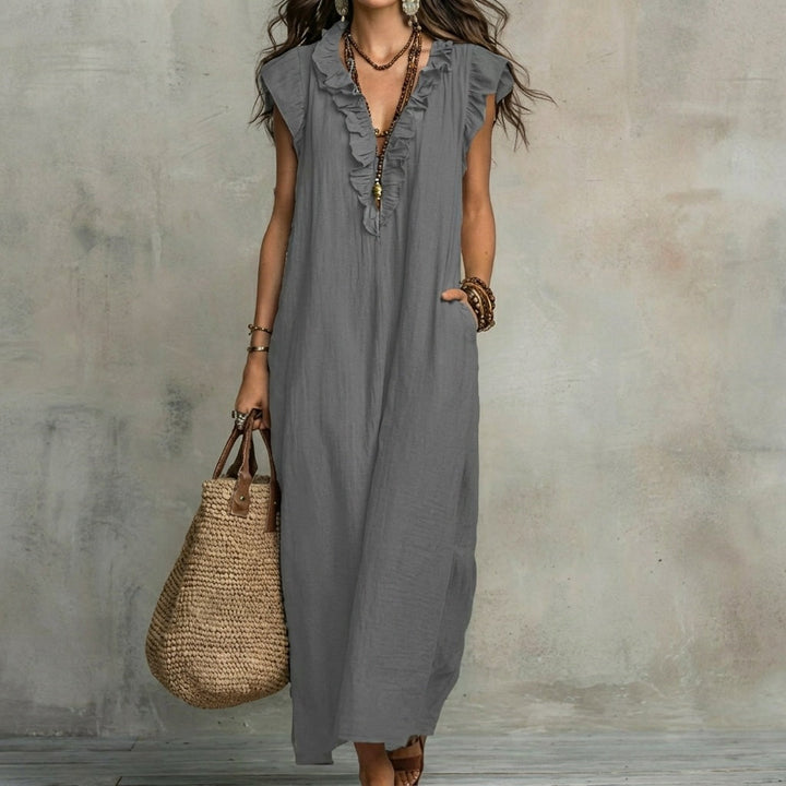 Josefina™  | Dlouhé šaty z lněné textilie s výstřihem do V a volány