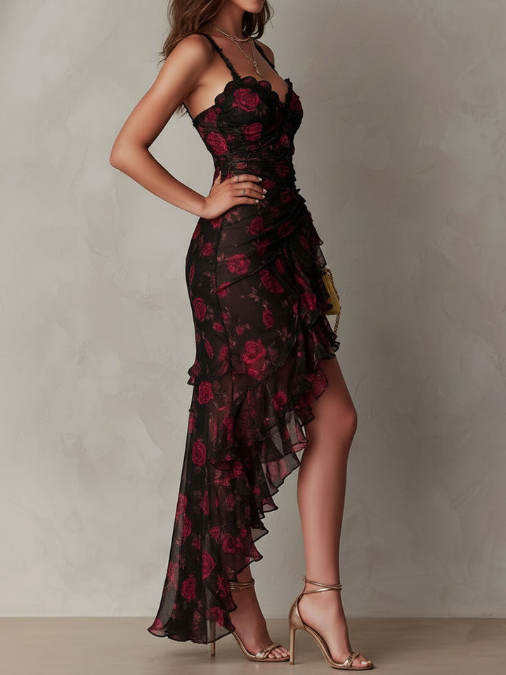 Renata™ | Crno & Crveno Cvjetno Haljina s Prugama