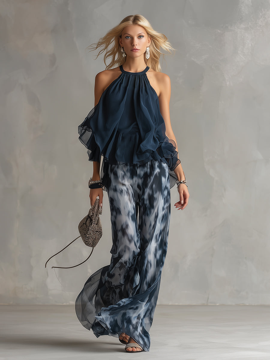 Ludovica | Elegantní v chiffon s topem s vysokým límcem a širokými tištěnými kalhotami
