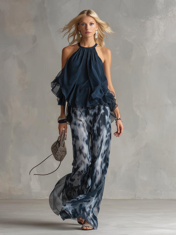 Ludovica | Elegantní v chiffon s topem s vysokým límcem a širokými tištěnými kalhotami