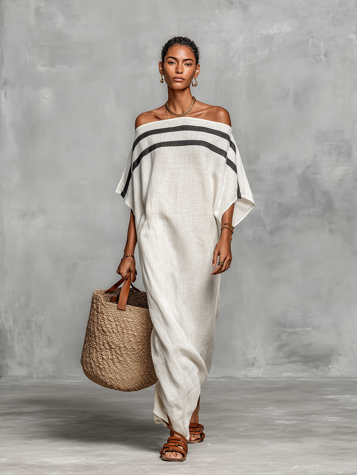 Maxi minimalistické šaty pro ženy s off-the-shoulder výstřihem a křídly