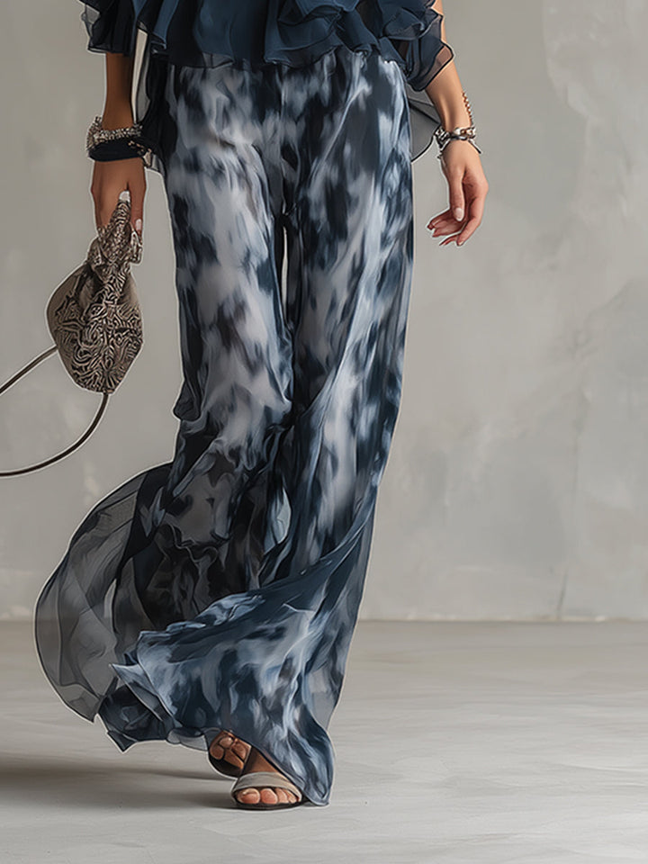 Ludovica | Elegantní v chiffon s topem s vysokým límcem a širokými tištěnými kalhotami