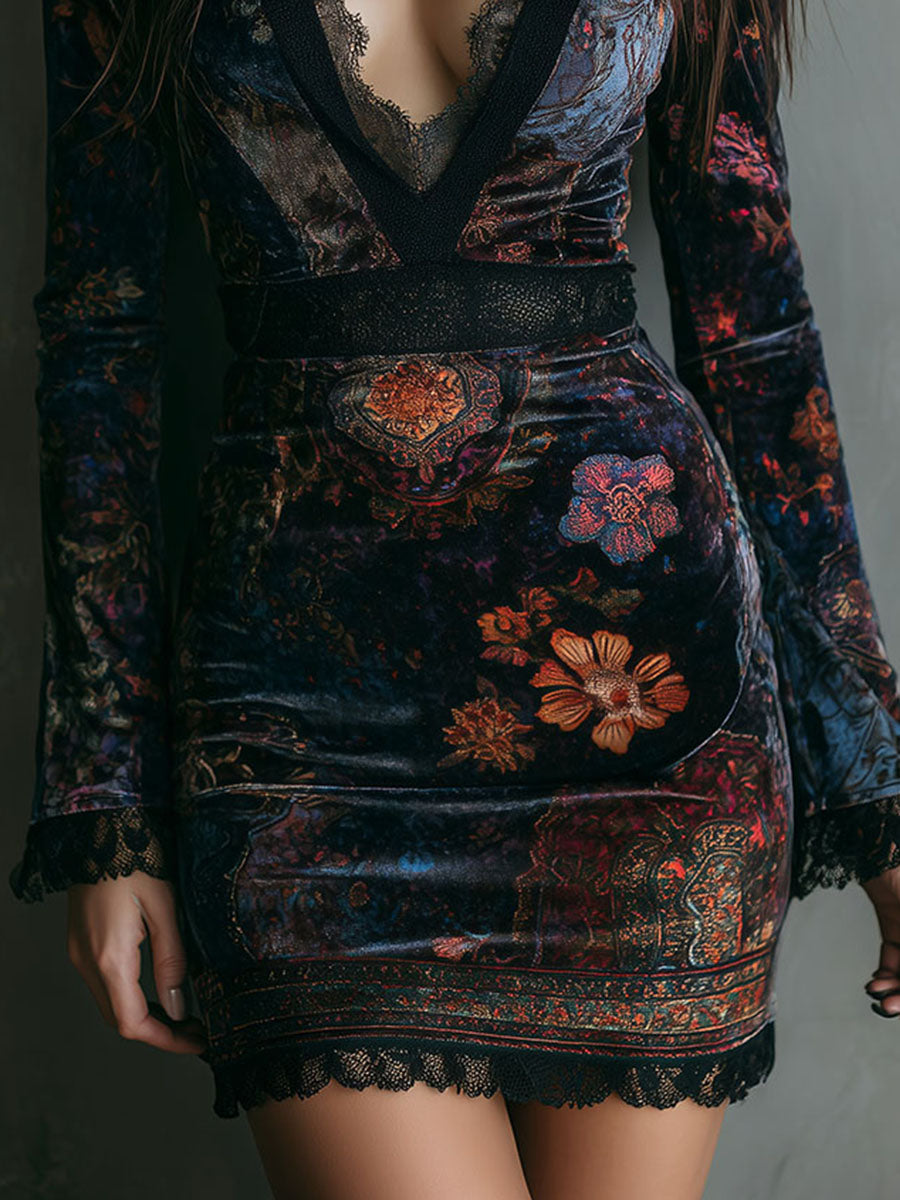 Marisol™ | Boho květinové sametové mini šaty