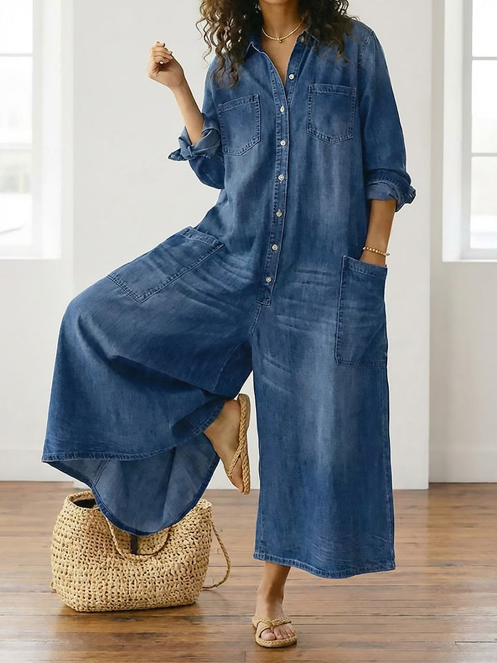Diana™ | Vintage praný měkký bavlněný denim overal s knoflíkovým zapínáním