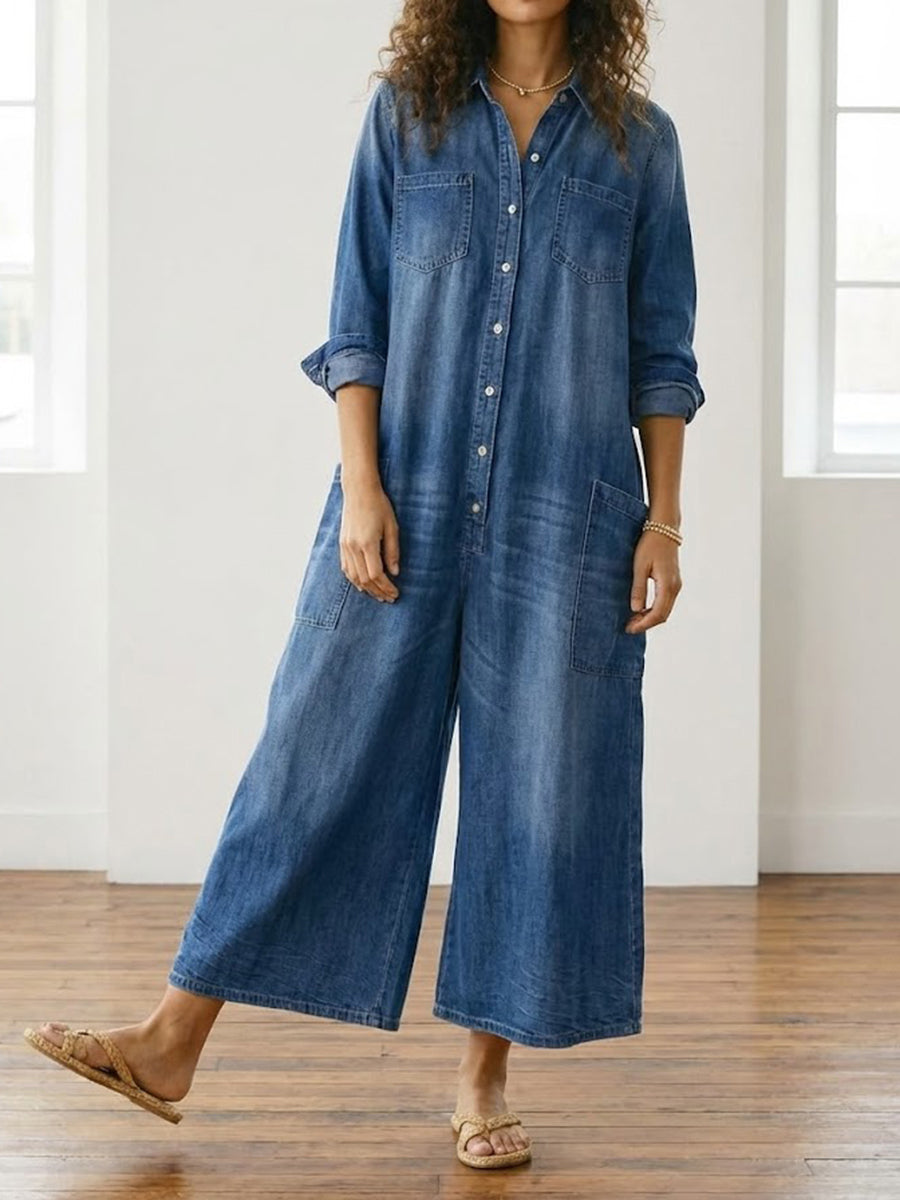 Diana™ | Vintage praný měkký bavlněný denim overal s knoflíkovým zapínáním