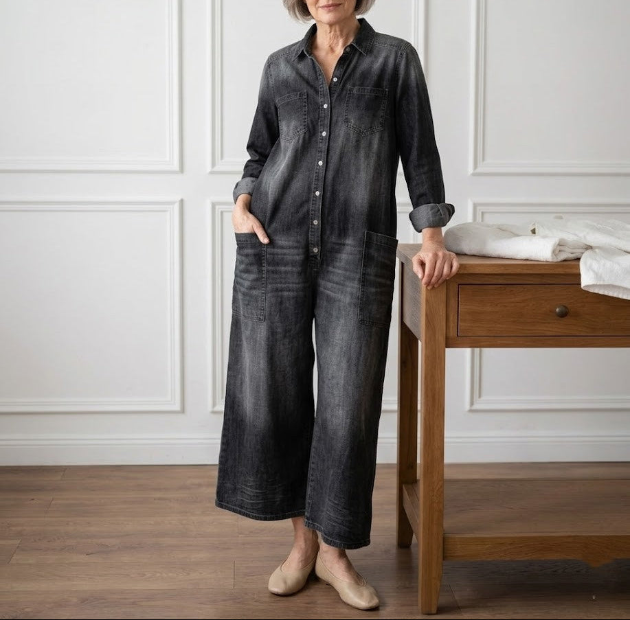 Diana™ | Vintage praný měkký bavlněný denim overal s knoflíkovým zapínáním