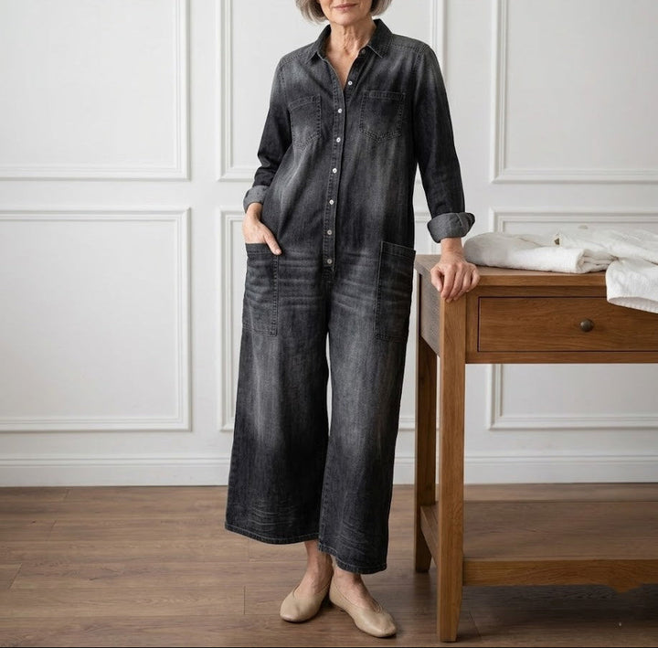 Diana™ | Vintage praný měkký bavlněný denim overal s knoflíkovým zapínáním