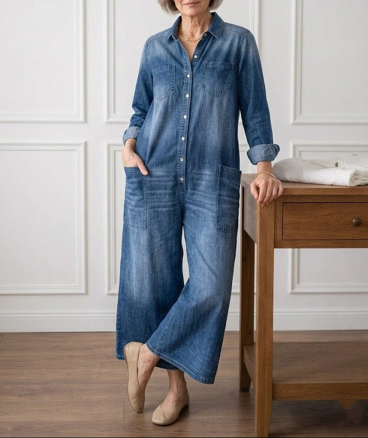 Diana™ | Vintage praný měkký bavlněný denim overal s knoflíkovým zapínáním